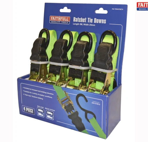 RATCHET TIE DOWNS (4) 5M X 25MM GREEN